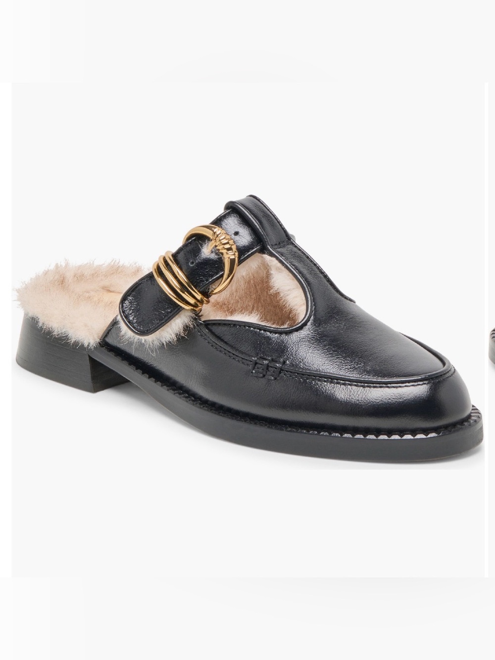 Dolce Vita Black Leather Fur-Lined Mule with Gold Ring Detail